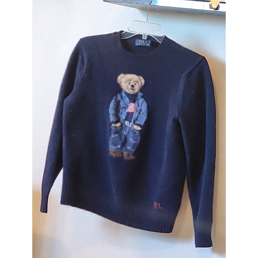 Polo Ralph Lauren Polo Bear Navy Knit Sweater Denim Outfit Flag RL Logotipo L - Picture 5 of 11